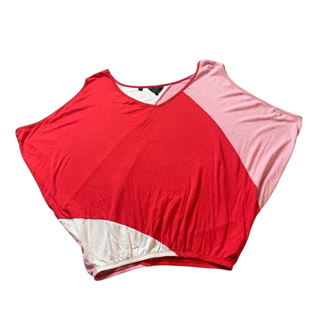 Guess Los Angeles Women XS Color Block V Neck Dolman Sleeve Top Red Pink White